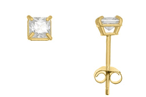 10K Yellow Gold Square 3mm White CZ Basket Earrings with Butterfly Gold Clutch