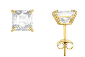 10K Yellow Gold Square 5mm White CZ Basket Earrings with Silicon & Gold Clutch