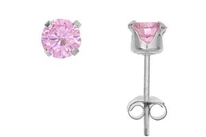 Silver 925 Round 4mm Pink CZ Snap Earrings with Butterfly Silver Clutch