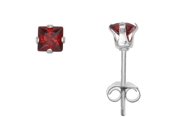 Silver 925 Square 3mm Red CZ Snap Earrings with Butterfly Silver Clutch