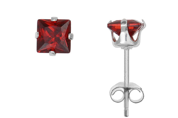Silver 925 Square 4mm Red CZ Snap Earrings with Butterfly Silver Clutch