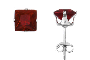 Silver 925 Square 5mm Red CZ Snap Earrings with Butterfly Silver Clutch