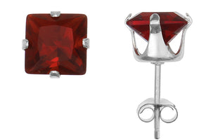 Silver 925 Square 6mm Red CZ Snap Earrings with Butterfly Silver Clutch