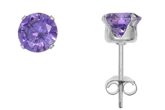 Silver 925 Round 5mm Purple CZ Snap Earrings with Butterfly Silver Clutch