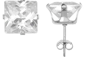 Silver 925 Square 8mm White CZ Snap Earrings with Butterfly Silver Clutch