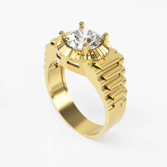10K Yellow Gold Men Ring Rolex with Round Cubic Zirconia